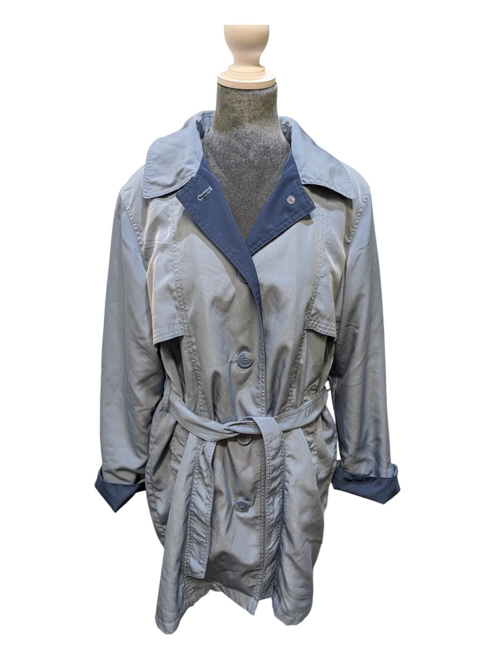 0930 Light Blue Women's Trench Coat with Contrast Trim and Belt